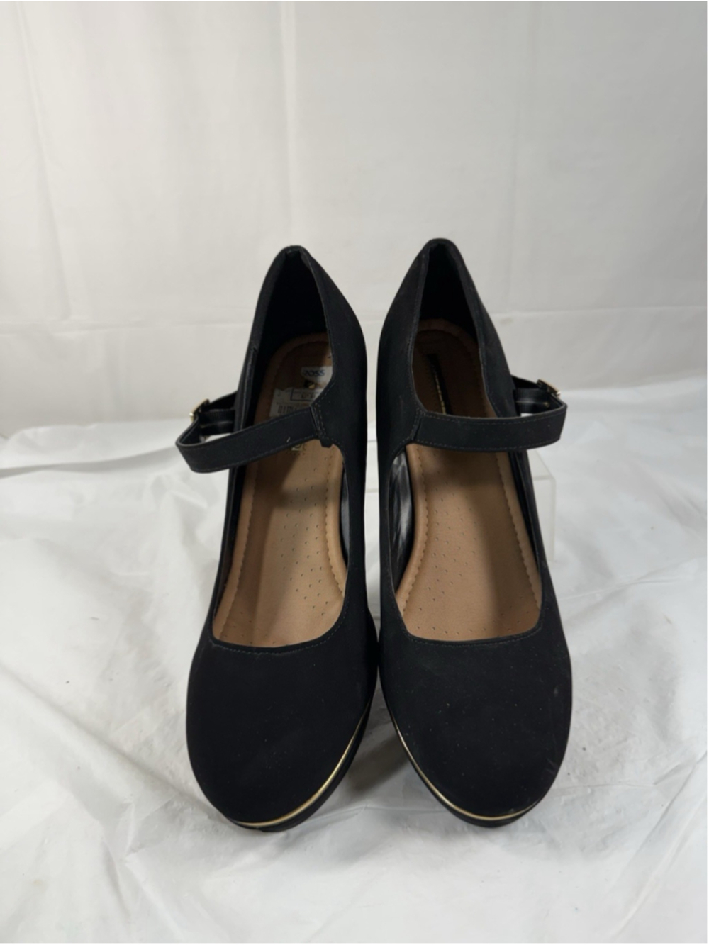 Andiamo Women's pumps wedge Shoes Suede Faux Black Gold Size 9.5M - Picture 2 of 15